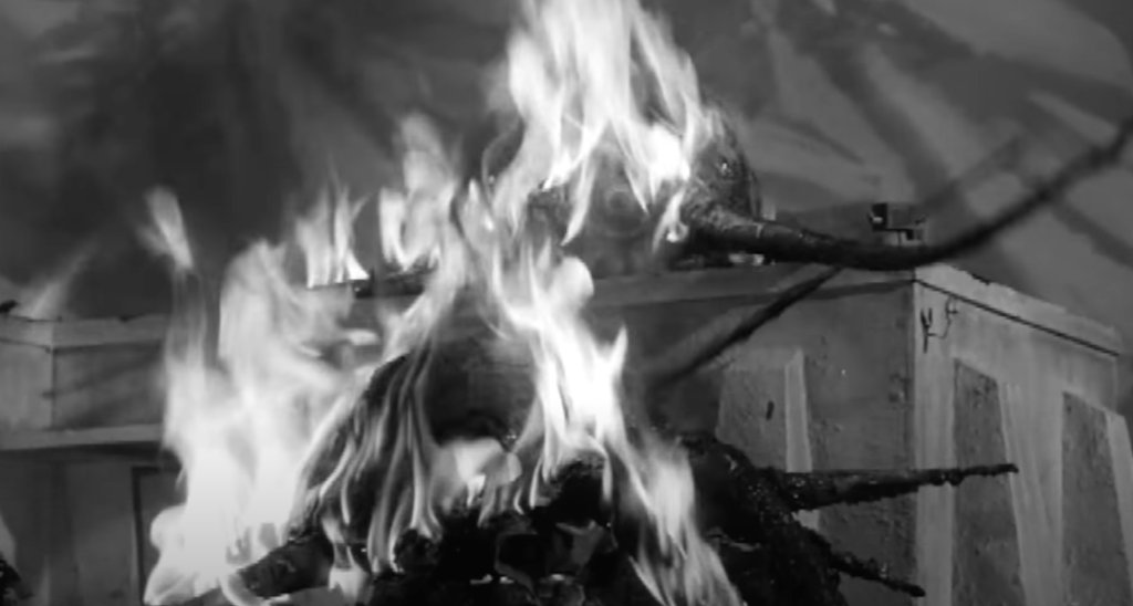 A military plane drops firebombs onto the cold-loving creatures, frying them good and proper