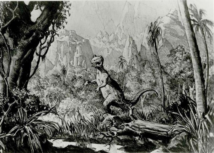 A dinosaur stalks through the prehistoric lost world