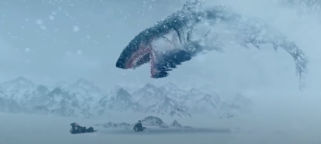An ice shark leaps from the snow!