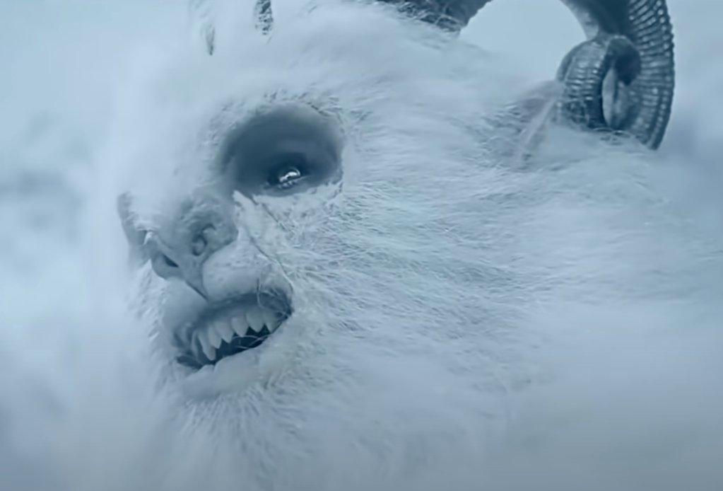 A close-up of the snow monster's visage