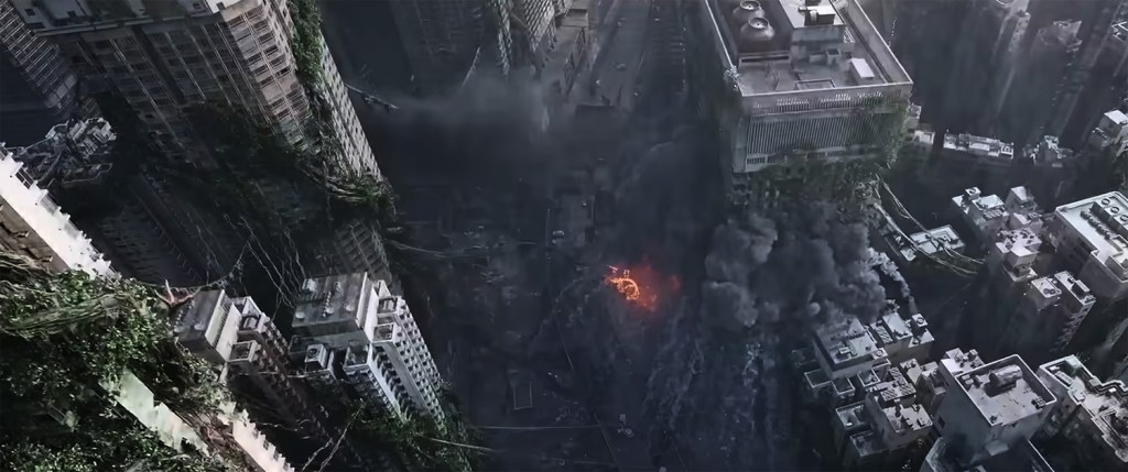 Some of the skyscrapers in the B16 zone are swathed in alien plant life