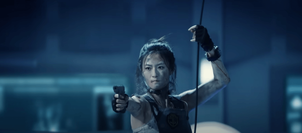 One of the heroines shoots a scorpion, probably in its face!