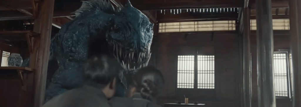 The beast comes ashore to gobble up some of the townsfolk