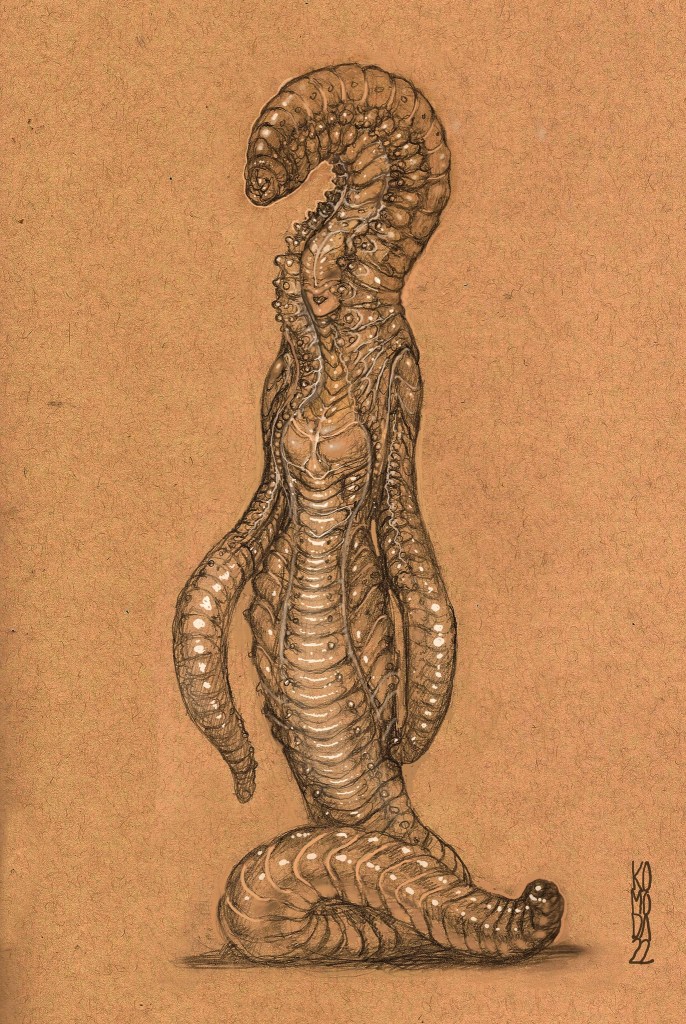 This design variation was about as far out into alien glamor that the worm suit design was taken.
(Paul had just been to the Alexander McQueen exhibit at LACMA and felt inspired to push the look into a kind of biomorphic couture which also took more inspiration from sea worms)