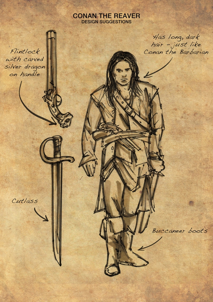 Preproduction sketch for a 17th century-style Conan the Reaver character