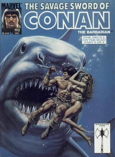 Shark-themed cover for issue 192 of Marvel's The Savage Sword of Conan comic. The CONAN THE CONQUEROR movie would've featured a shark attack sequence. 