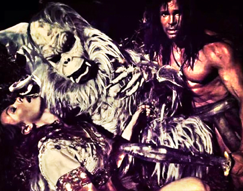 
Publicity shot of Andrea Stefancikova, the grey man-ape, and Pasi Schalin