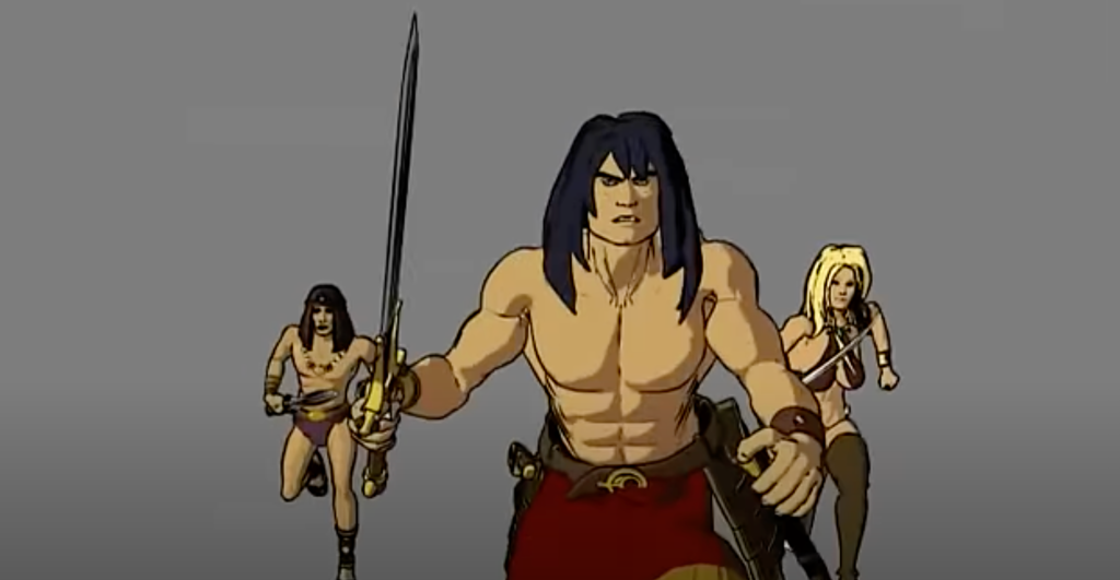 A screenshot from some early, rough test footage animation showing Conan running into action