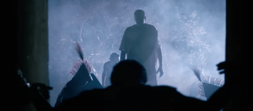 
Above: three shots from the unfinished film. The bottom image shows Toby Russell (son of Ken Russell) playing an ivory-skinned god who comes down to Earth during a flashback scene.