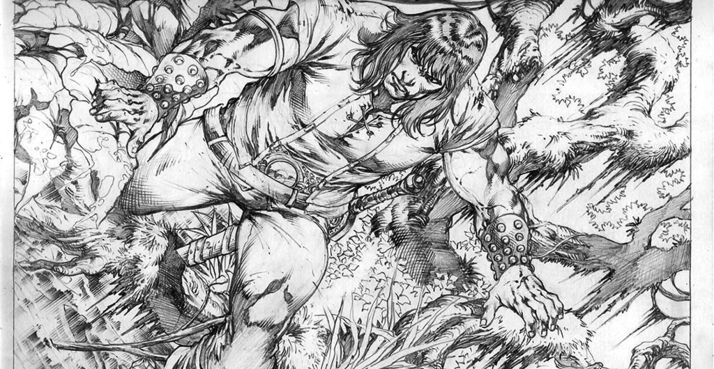 Detail from a Jose Luis comic page, showing Conan making his way through swampland