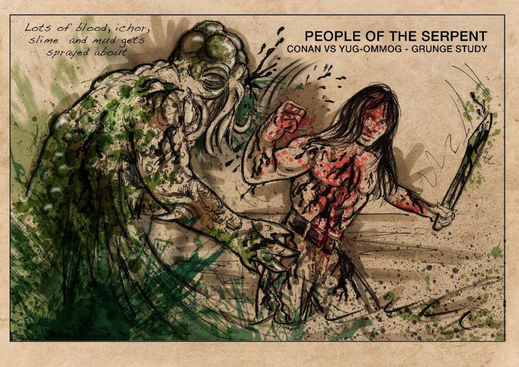 Early concept study of Conan fighting the tentacle-faced monster Yug-Ommog 