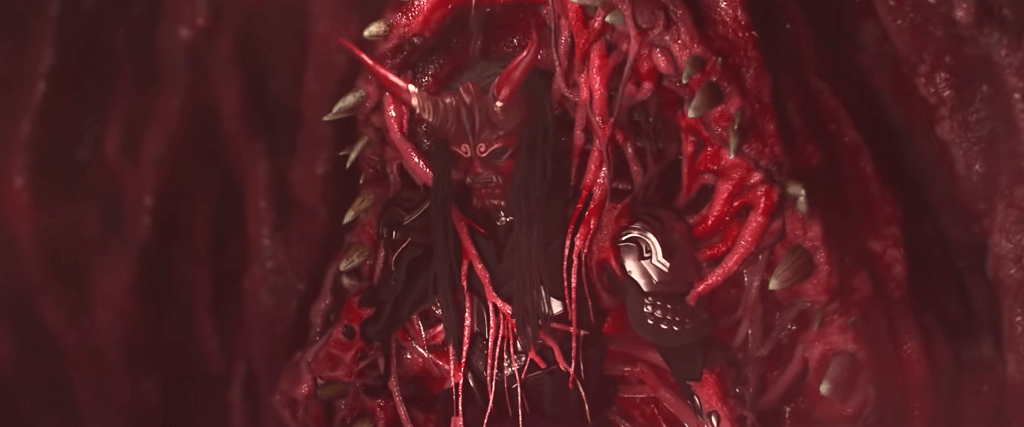 For a while the villain becomes part of the gigantic monster itself, by melding with its throbbing innards