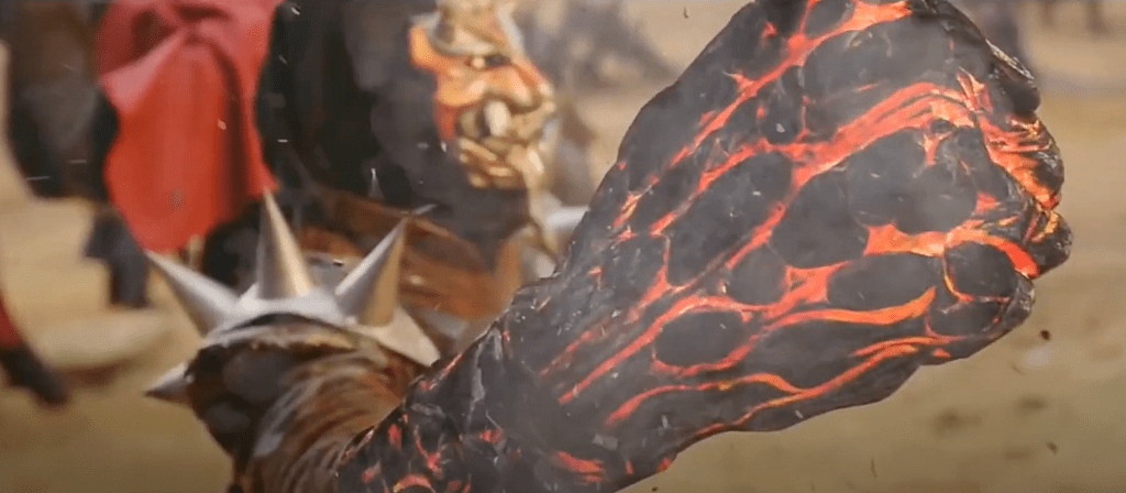 This dude can turn his hand into a big lava-fist!