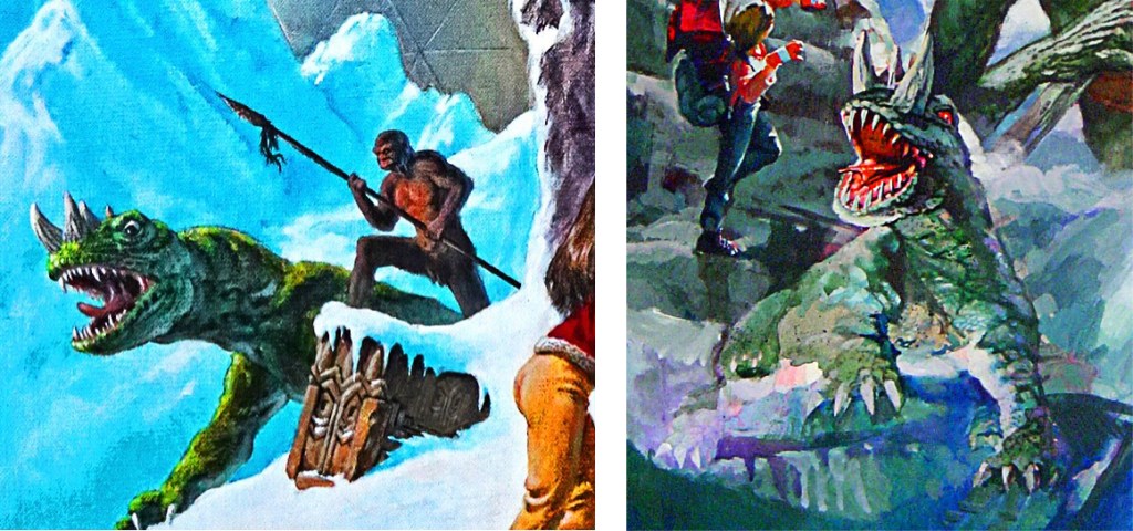 Details from two promo illustrations, showing the horned lizard, even though the beautiful brute never made it into the film. Shame!