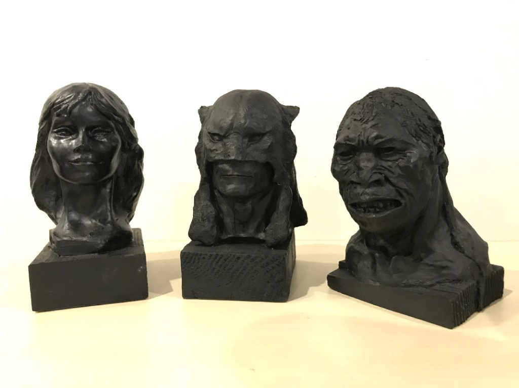 Three busts, of Teegra, Darkwolf and a subhuman, which were sculpted by Frank Frazetta to aid the animators