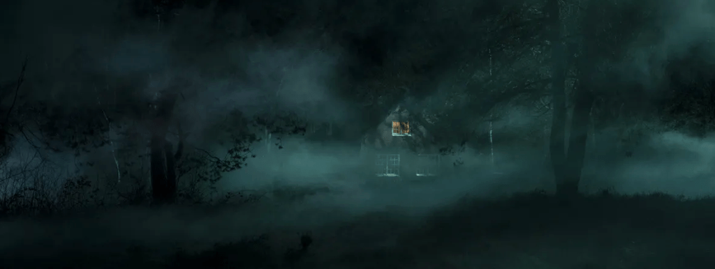 Above: two shots showing the atmospheric photography of the house in the film