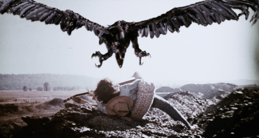 A giant, ugly bird attacks in WHO FEARS THE DEVIL (1972)