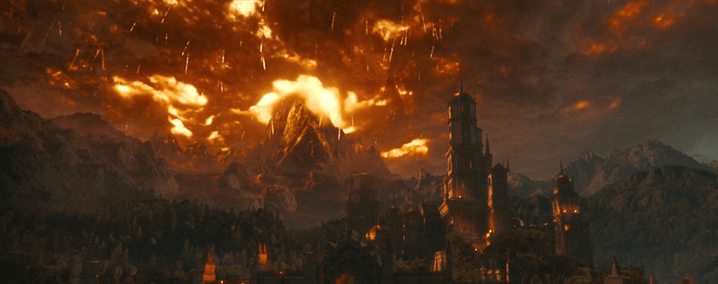 Dragon flames illuminate the night sky...