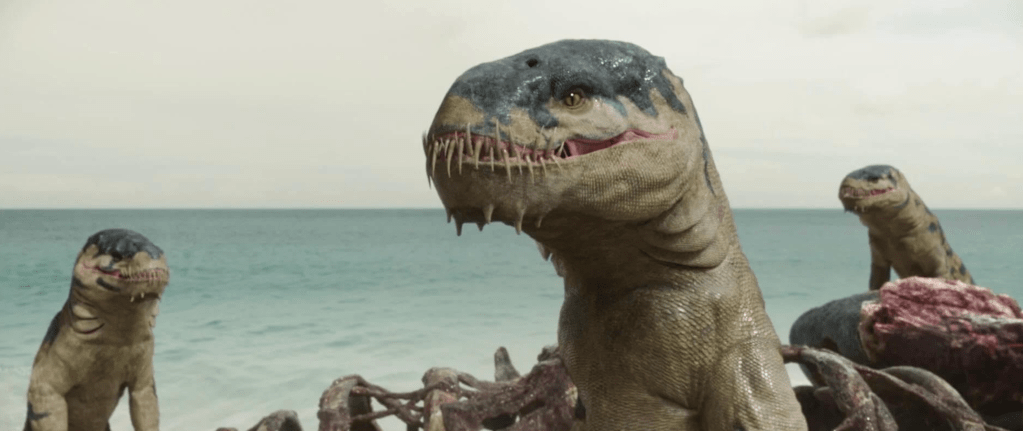 Toothsome amphibious salamander-critters are encountered in the trench, and they later reach the surface