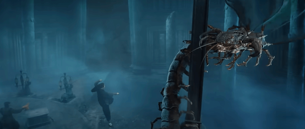 A dude leaps straight at a giant, winged centipede-monster!