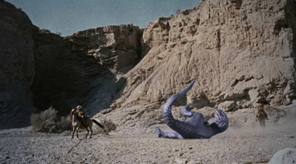 Above: two shots from the stupendously exciting roping sequence from GWANGI!