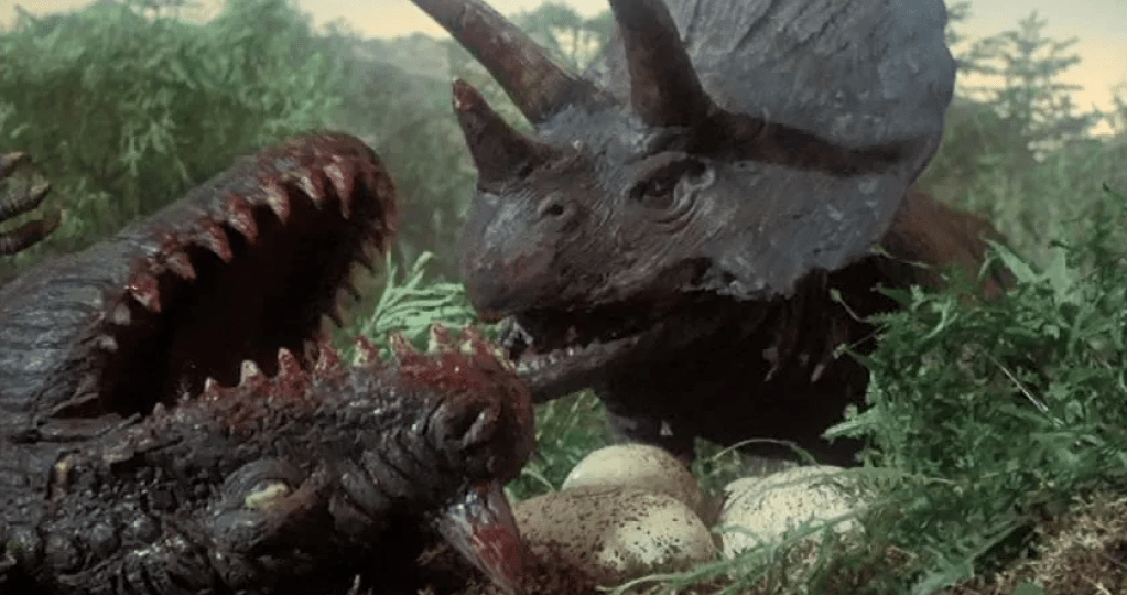 A couple of the rod puppet dinosaurs, built by Roger Dicken, from THE LAND THAT TIME FORGOT