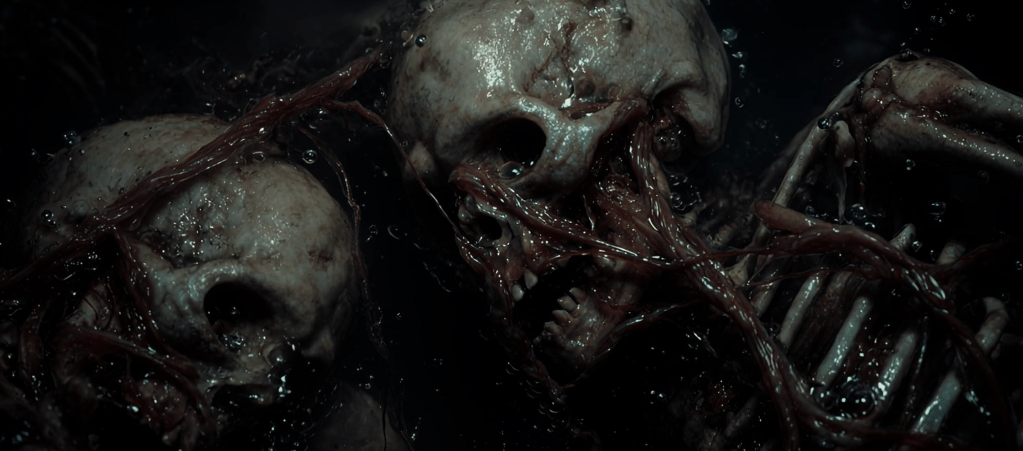 Human remains are scattered about the creatures' lair...