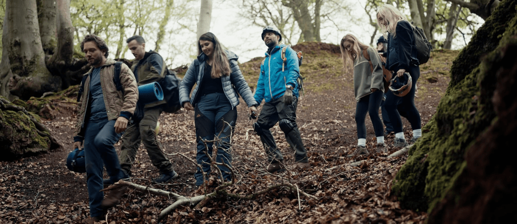 The group (played by Louis James, Tyler Winchcombe, Sophia Eleni, Danny Rahim, Sarah Alexandra Marks, Sarah T. Cohen and Tiffany Hannam-Daniels) head into the cave...