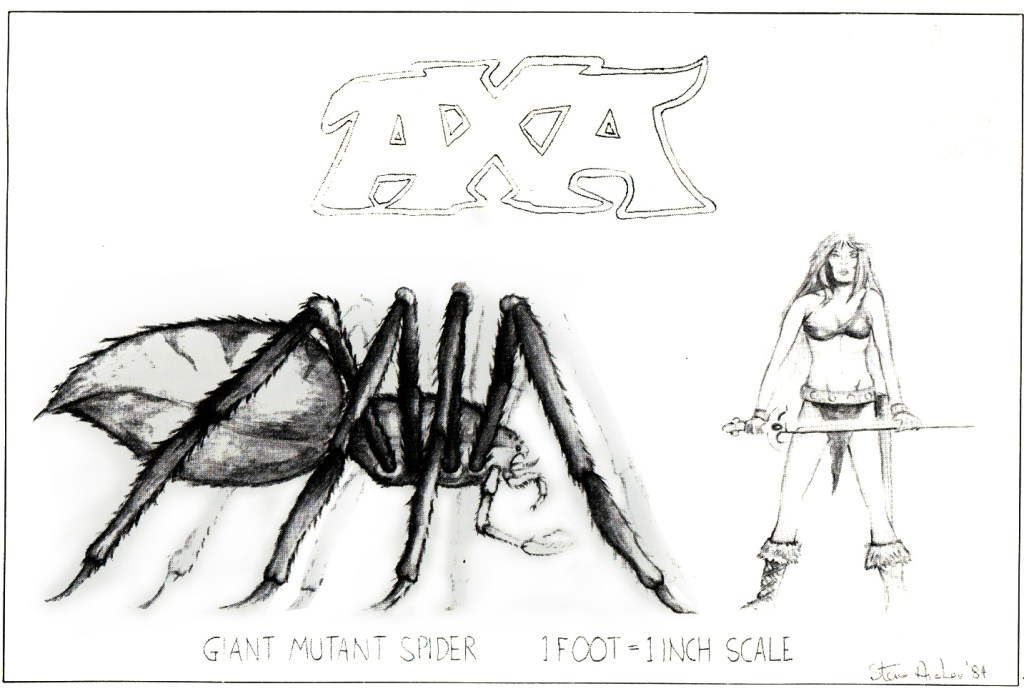 A b&w scan of Steve’s AXA concept drawing of a giant mutant spider, with warrior woman Axa placed beside it to show the scale